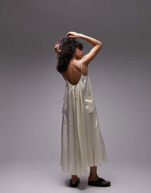 Topshop - Vestito midi premium in raso e lino color avorio