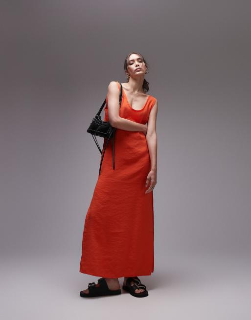 Topshop - Vestito midi rosso con scollo rotondo e bordi grezzi