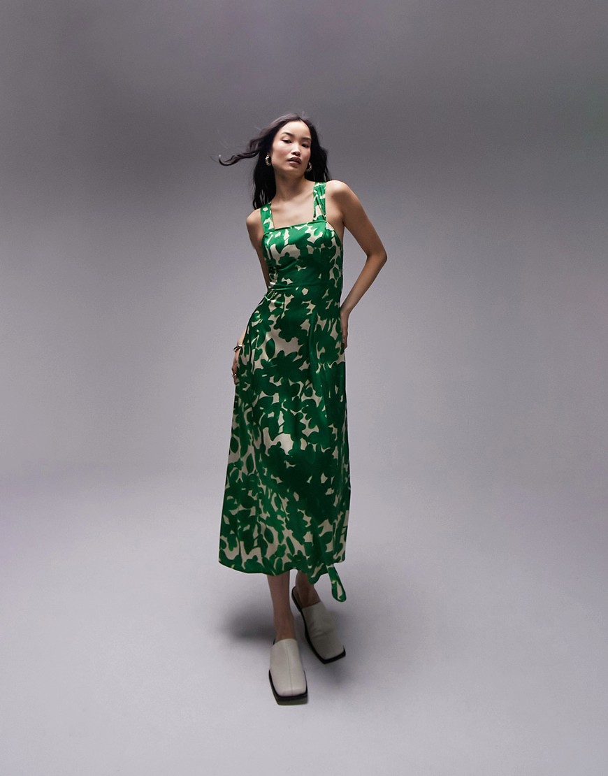 topshop - vestito midi scamiciato verde a fiori con tasche e incrocio sul retro