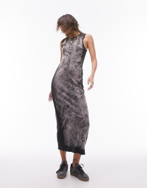 Topshop - Vestito midi senza maniche in jersey grigio lavaggio acido effetto screpolato