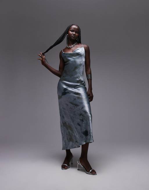 Topshop - Vestito midi stile sottoveste con stampa minerale con scollo ad anello