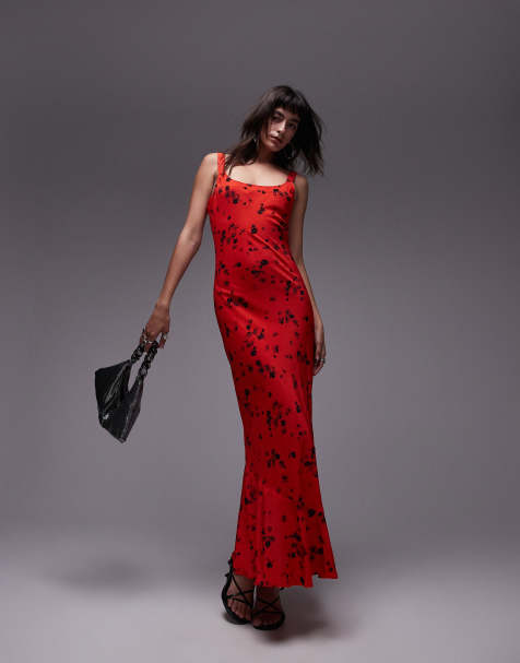 Topshop - Vestito midi stile sottoveste rosso a fiori con fondo svasato - view 1