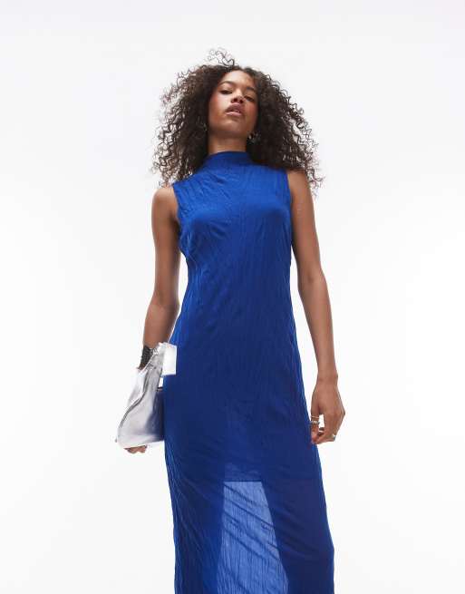 Topshop - Vestito midi stropicciato e comodo senza maniche color cobalto