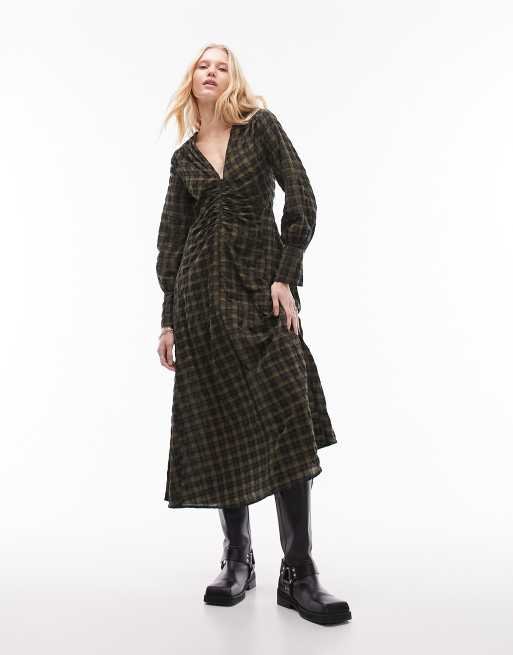 Topshop - Vestito midi testurizzato a quadri verdi e neri con zip sul davanti