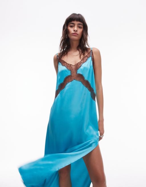 Topshop - Vestito midi turchese con inserto in pizzo