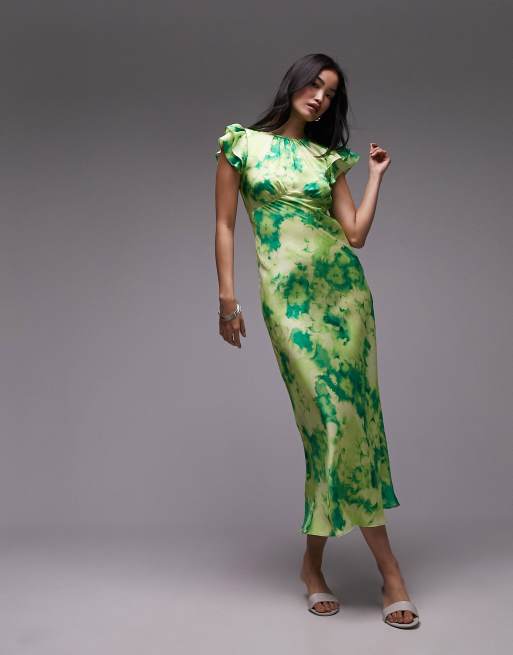 Topshop - Vestito midi verde a fiori con cuciture sul bustino
