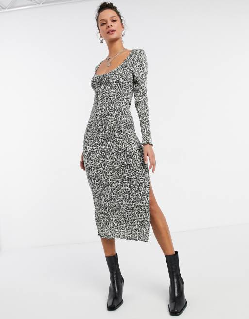 Topshop - Vestito midi verde a fiori con scollo rotondo