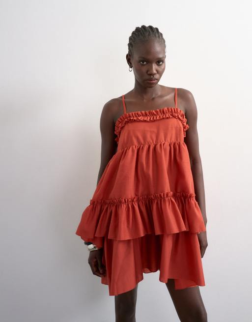 Topshop - Vestito midi voluminoso color ruggine con volant, 1 di 4
