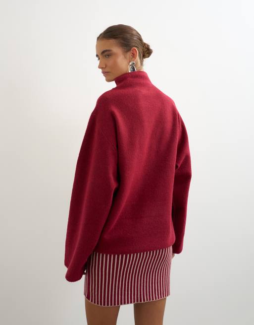 Topshop vestito mini a righe in maglia a maniche lunghe con lana, bordeaux, 4 di 4