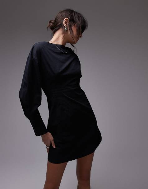 Topshop - Vestito nero in popeline stretto in vita con maniche bombate - view 1