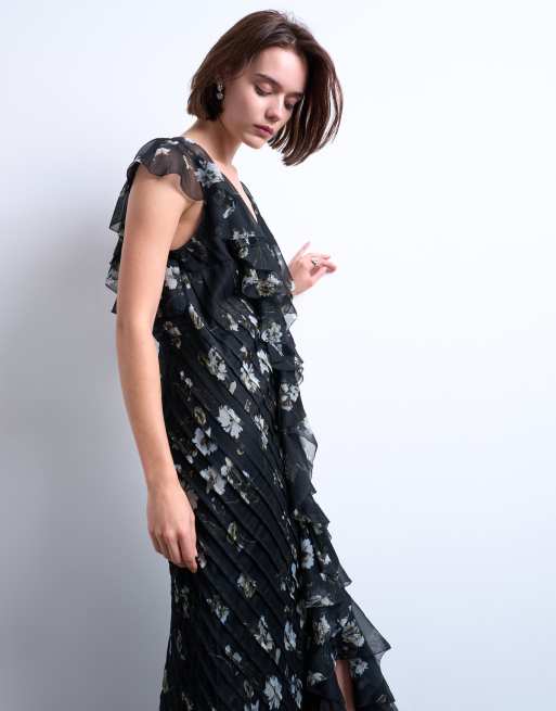 Topshop - Vestito premium con volant, pince e fiori lilla, 2 di 4