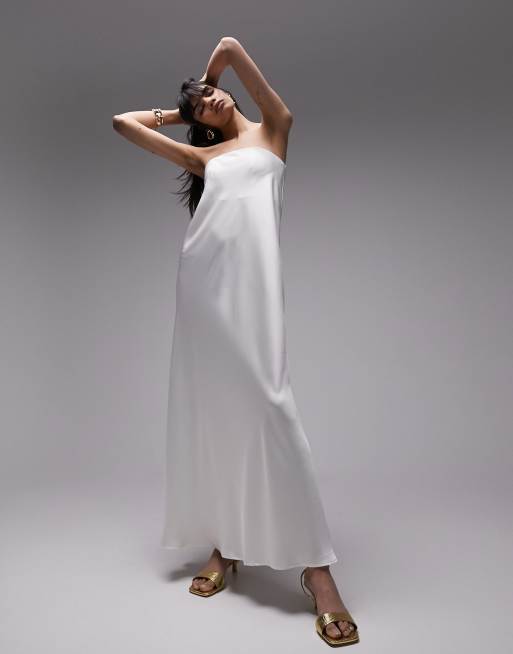 Topshop - Vestito premium in raso color avorio con scollo Bardot