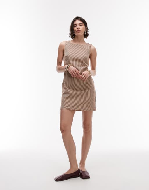Topshop - Vestito sartoriale in denim cuoio a righe con scollo quadrato, 2 di 4