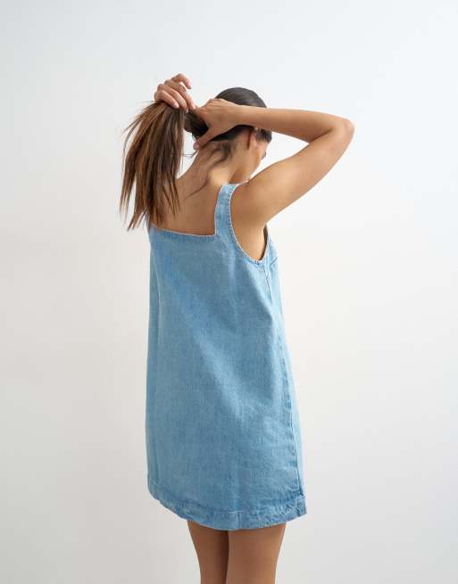 Topshop - Vestito scamiciato in denim candeggiato con scollo squadrato, 3 di 4
