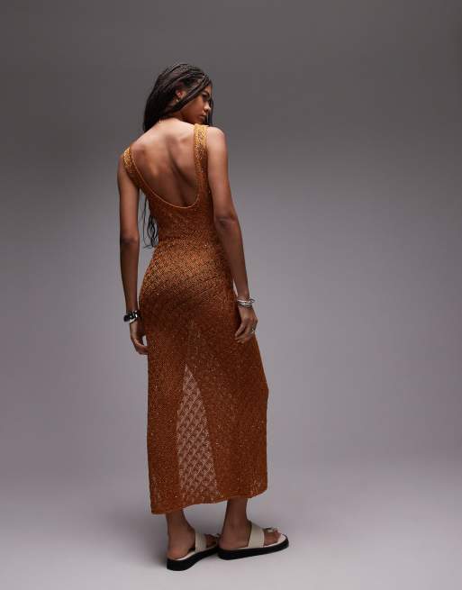 Topshop - Vestito senza maniche in maglia traforata con schiena scoperta e paillettes color ruggine , 3 di 4
