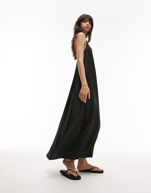 Topshop - Vestito sottoveste in raso nero con spalline con perline, 4 di 4