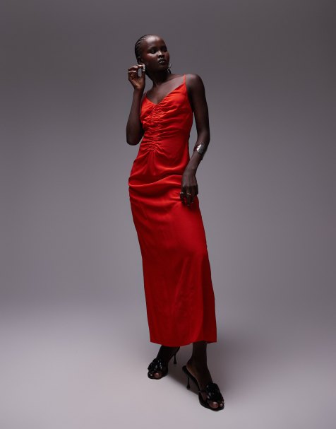Topshop - Vestito sottoveste lungo arricciato rosso - view 1