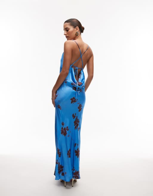 Topshop - Vestito sottoveste lungo blu a fiori con scollo ad anello, 4 di 4