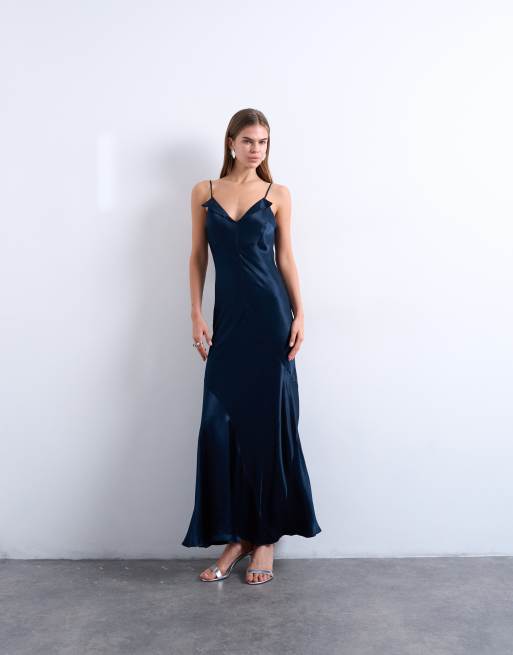 Topshop - Vestito sottoveste lungo blu navy con spalline sottili e bordi risvoltati in raso, 2 di 4