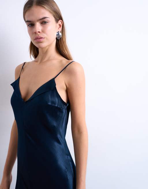 Topshop - Vestito sottoveste lungo blu navy con spalline sottili e bordi risvoltati in raso, 3 di 4