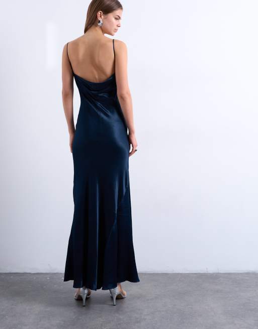 Topshop - Vestito sottoveste lungo blu navy con spalline sottili e bordi risvoltati in raso, 4 di 4