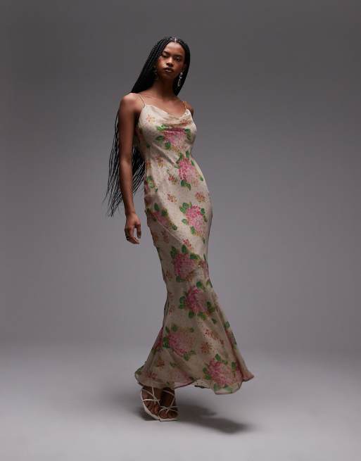 Topshop - Vestito sottoveste lungo color avorio e rosa a doppio strato in raso e chiffon con stampa di rose