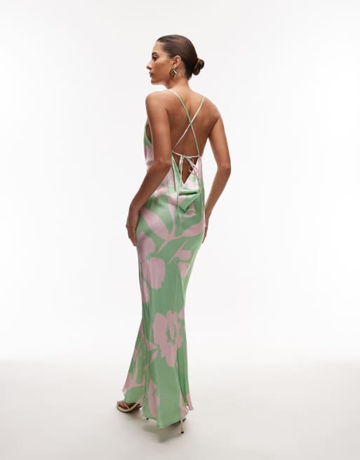 Topshop - Vestito sottoveste lungo lime e rosa a fiori con scollo ad anello, 2 di 4