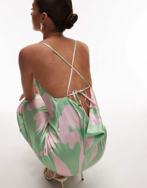 Topshop - Vestito sottoveste lungo lime e rosa a fiori con scollo ad anello, 3 di 4