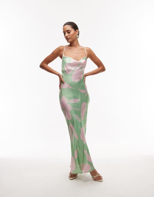 Topshop - Vestito sottoveste lungo lime e rosa a fiori con scollo ad anello, 4 di 4