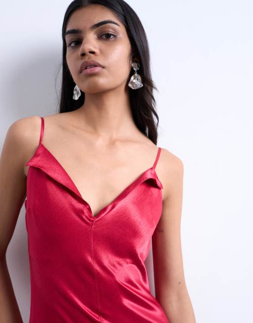 Topshop - Vestito sottoveste lungo rosa bordeaux con spalline sottili e bordi risvoltati in raso, 2 di 4