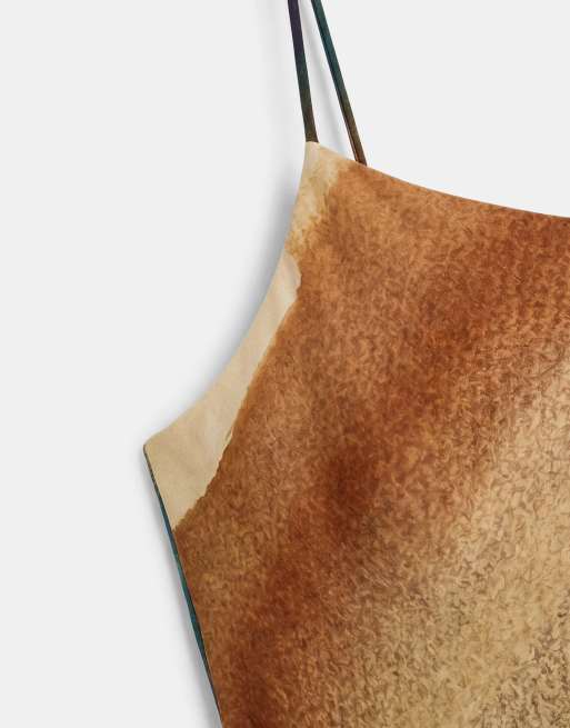 Topshop vestito sottoveste maxi in raso di viscosa con scollo ampio e lunghezza sopra la caviglia con stampa astratta ocra, 8 di 8