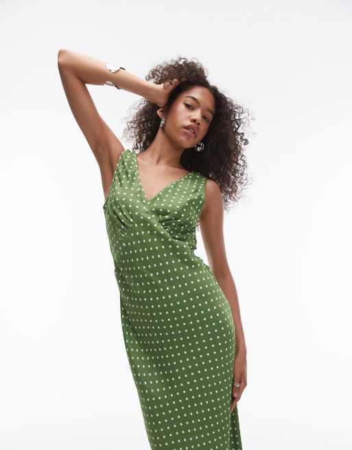 Topshop Vestito sottoveste midi con scollo a V color oliva a pois ASOS