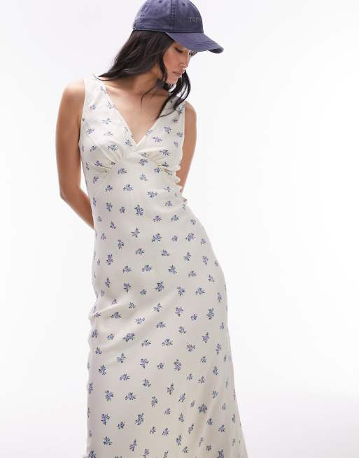 Topshop - Vestito sottoveste midi con scollo a V e stampa vintage a fiori 