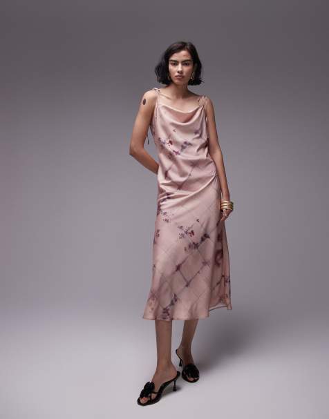 Topshop - Vestito sottoveste midi con spalline sottili annodate e scollo squadrato rosa a quadri sfocati - view 1