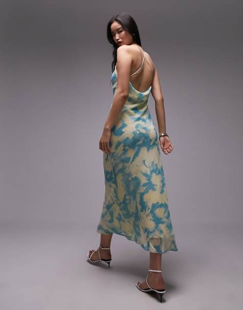 Topshop - Vestito sottoveste midi con spalline sottili in georgette con stampa, colore verde - view 1