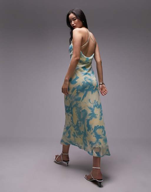 Topshop - Vestito sottoveste midi con spalline sottili in georgette con stampa, colore verde