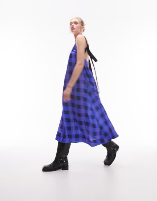 Topshop - Vestito sottoveste midi in gros grain blu a quadri sfumati con spalline a contrasto
