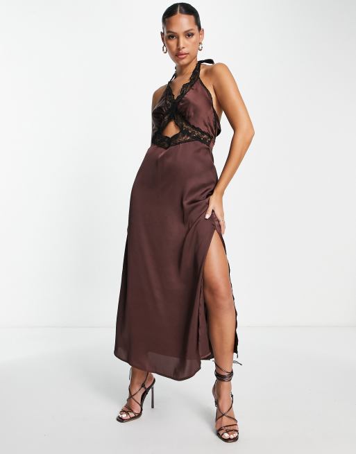 Topshop - Vestito sottoveste midi in raso allacciato al collo con cut-out color cioccolato