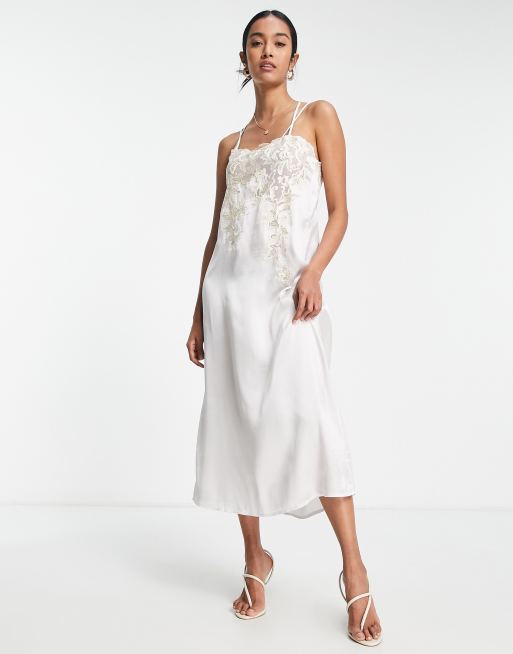 Topshop - Vestito sottoveste midi in raso blu con inserto in pizzo