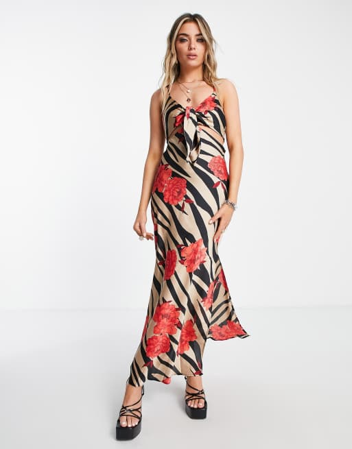Topshop - Vestito sottoveste midi in raso zebrato e a fiori multicolore con cut-out