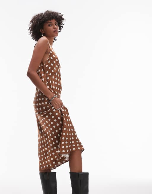 Topshop - Vestito sottoveste midi marrone a pois vintage, 3 di 4