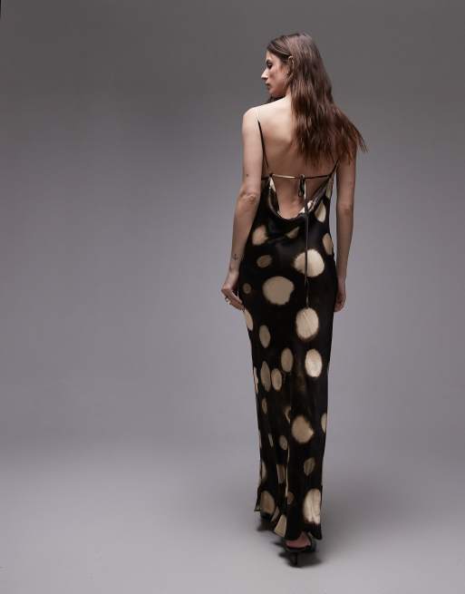 Topshop - Vestito sottoveste midi marrone con stampa astratta a pois e scollo ad anello, 4 di 4