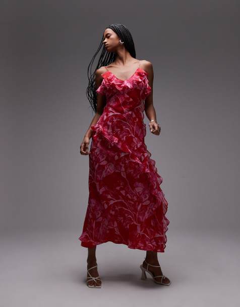 Topshop - Vestito sottoveste midi rosa con stampa astratta e volant - view 1
