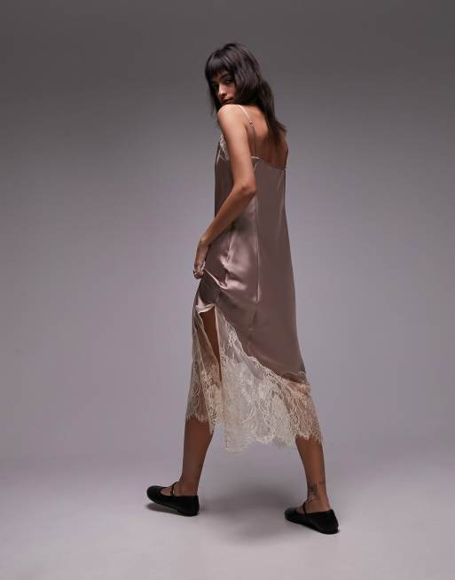 Topshop - Vestito sottoveste midi rosa polvere con pizzo a contrasto, 3 di 6