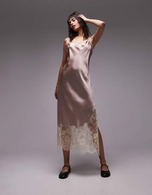Topshop - Vestito sottoveste midi rosa polvere con pizzo a contrasto, 4 di 6