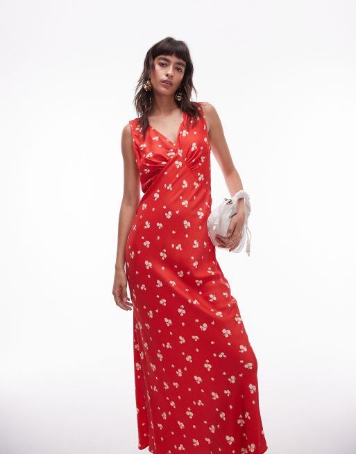 Topshop - Vestito sottoveste midi rosso a fiorellini con doppio scollo a V