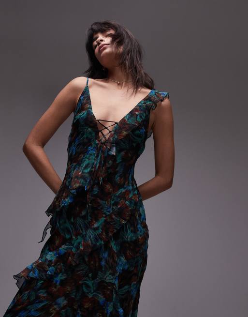 Topshop - Vestito sottoveste midi verde a fiori con volant, 3 di 4