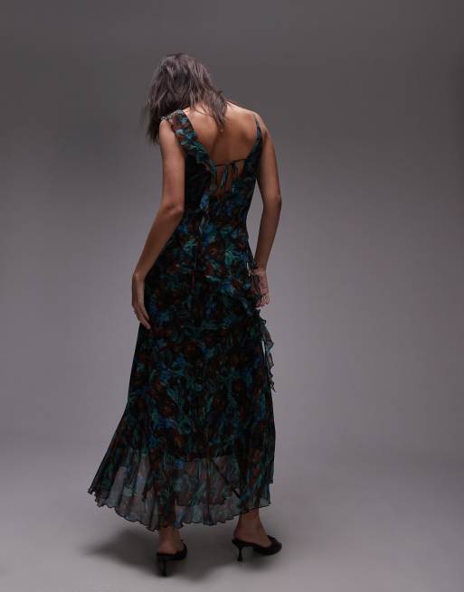 Topshop - Vestito sottoveste midi verde a fiori con volant, 4 di 4