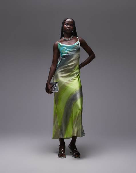 Topshop - Vestito sottoveste midi verde con stampa tie-dye e scollo ad anello - view 1