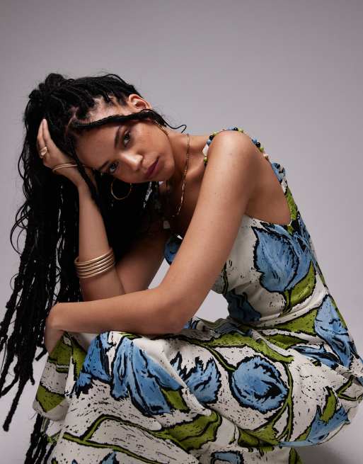 Topshop - Vestito sottoveste midi verde e blu a fiori con scollo ad anello e spalline con perline, 3 di 4
